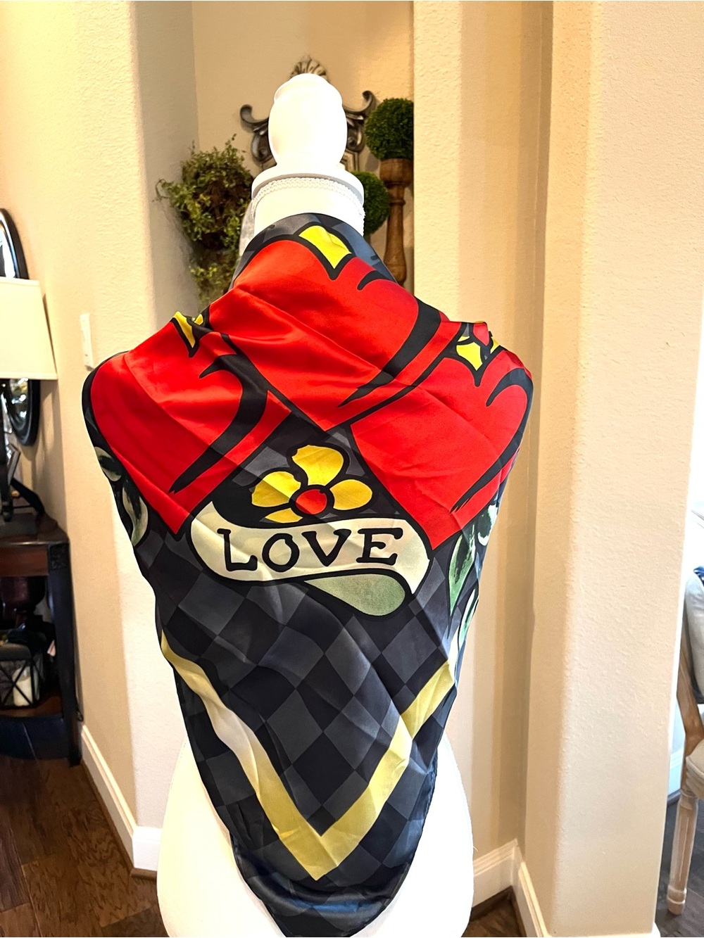 Ed Hardy Black and Gray Plaid Scarf with Triple Rose  Love Ed Hardy Bold